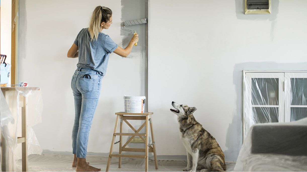 Woman painting room with her dog