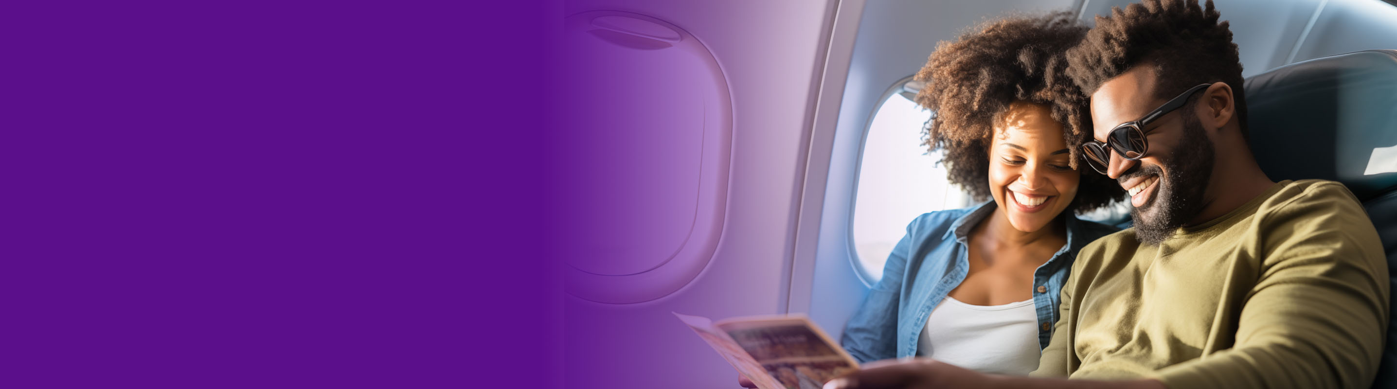 couple on airplane going on vacation